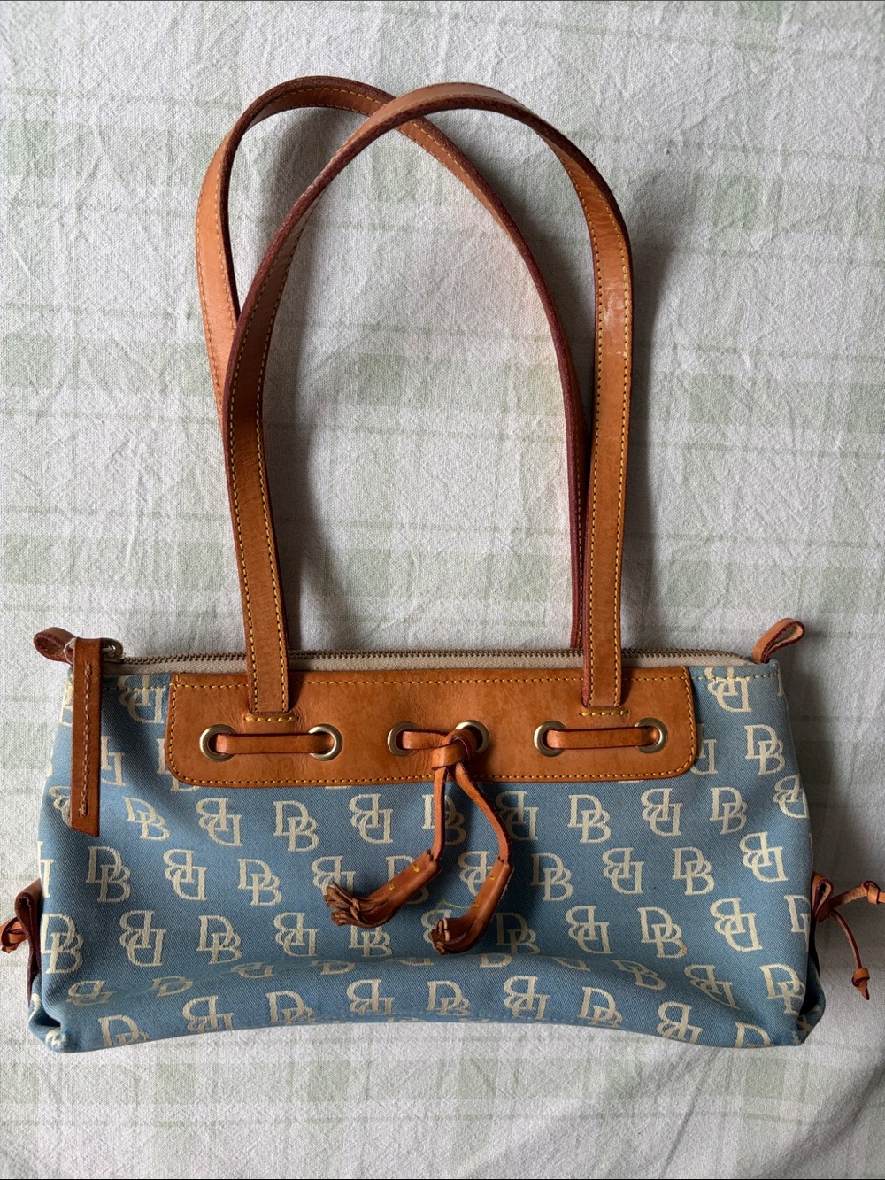 Dooney & Bourke Light Blue Canvas Shoulder Bag with Tan Leather Trim